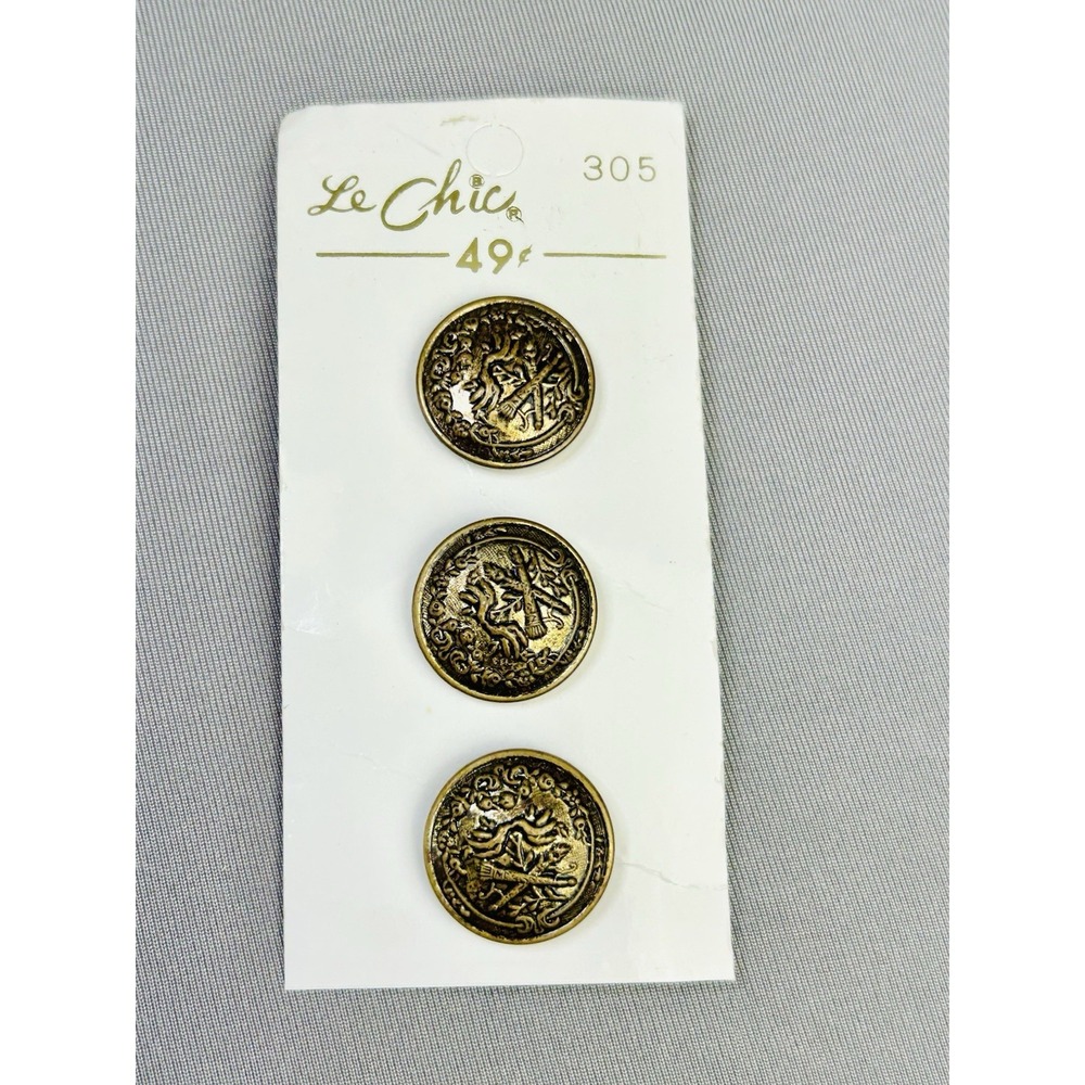 3 Vintage Le Chic Gold Tone Torch‎ Plastic Buttons On Card (READ)